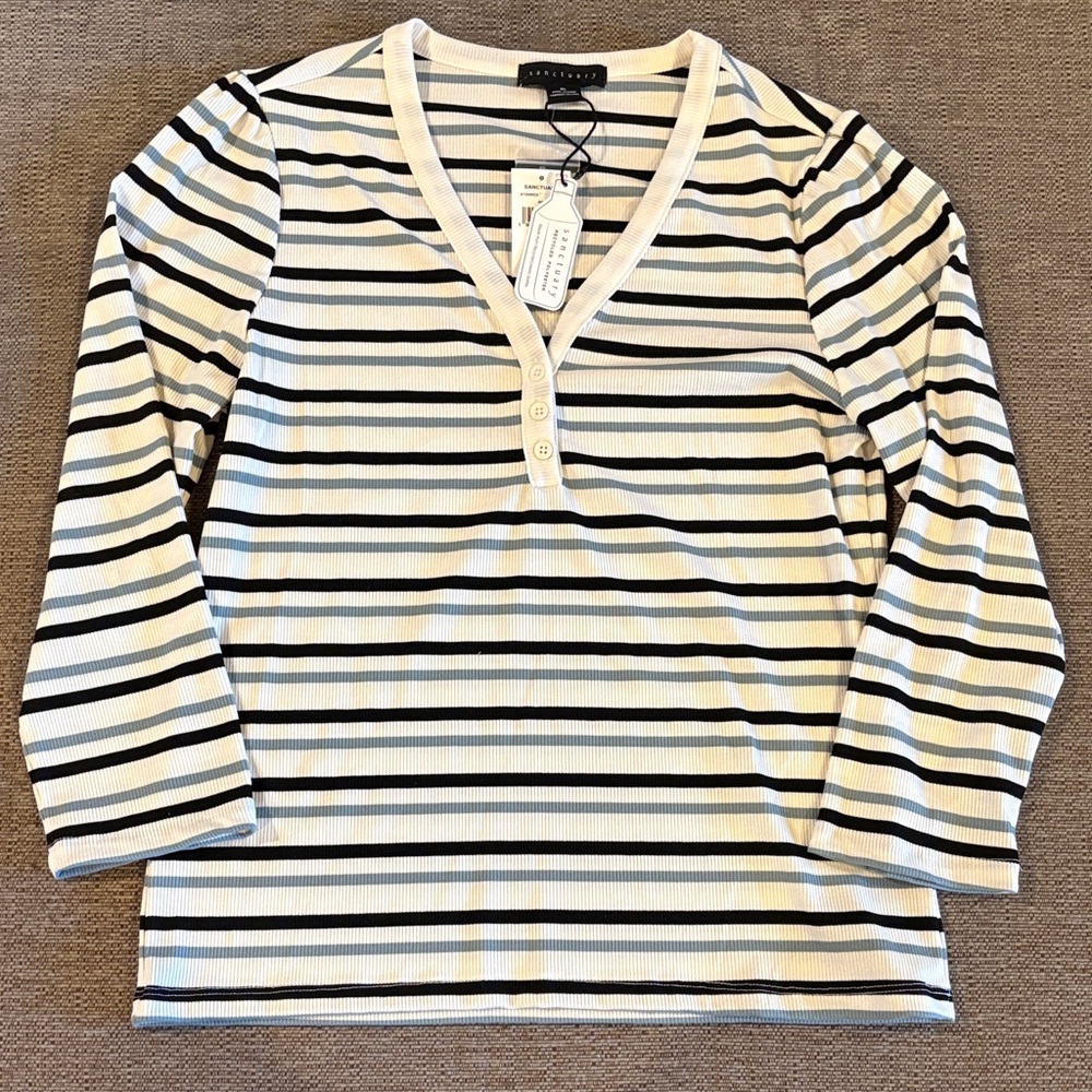 Sanctuary BlackCream/Blue Striped 3/4 Sleeve V neck XL